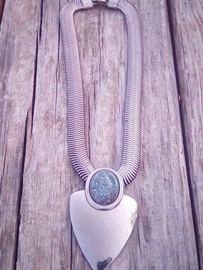 Vintage Silver Tone Omega Collar Necklace Turquoise Pendant